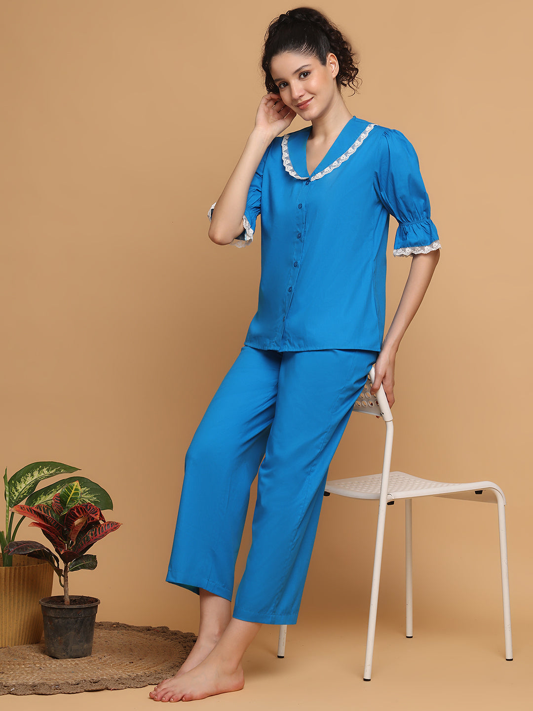 Blanc9 Women Bright Blue Pyjama Set With Lace At Collar