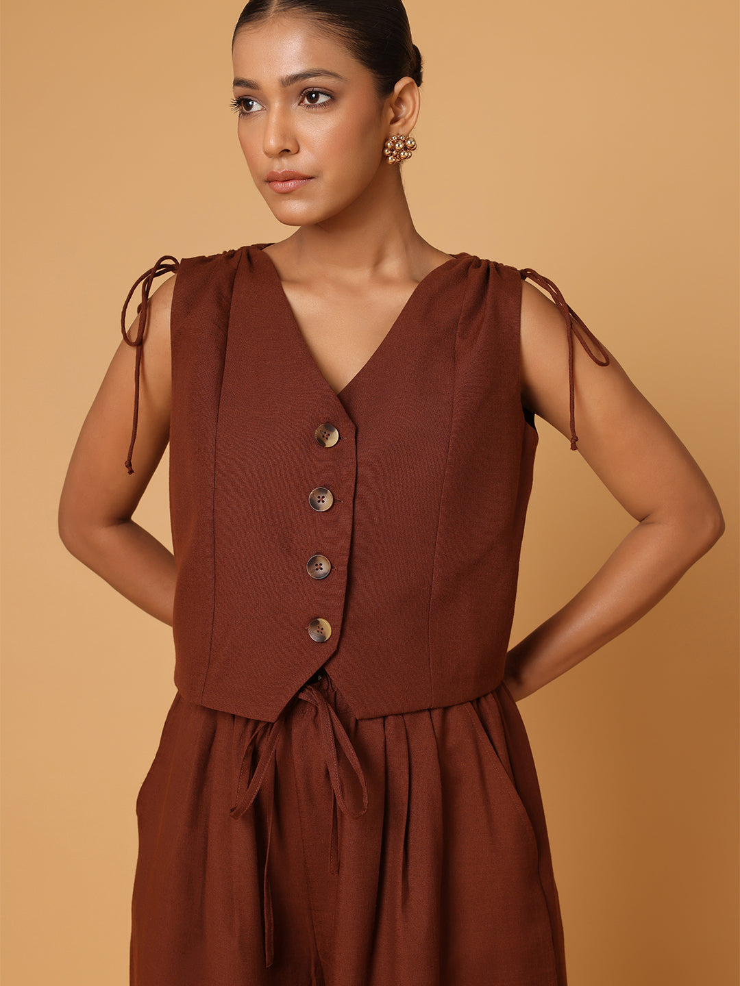 Blanc9 Women Brown Ruched Shoulder Co-ord Set