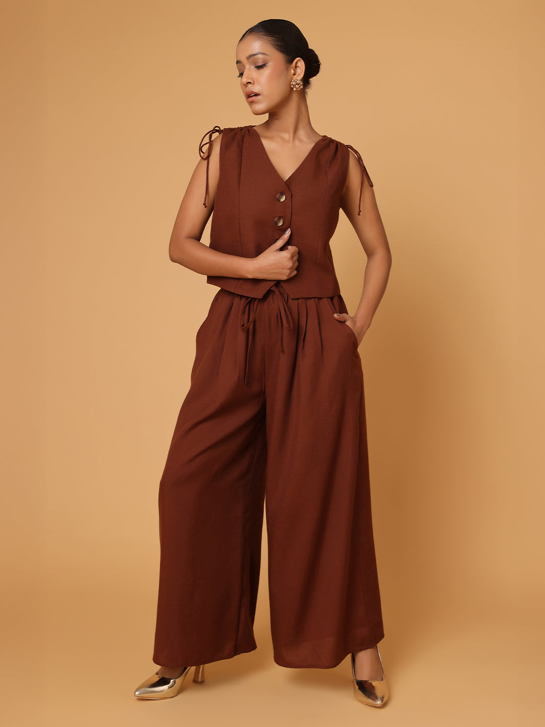 Blanc9 Women Brown Ruched Shoulder Co-ord Set