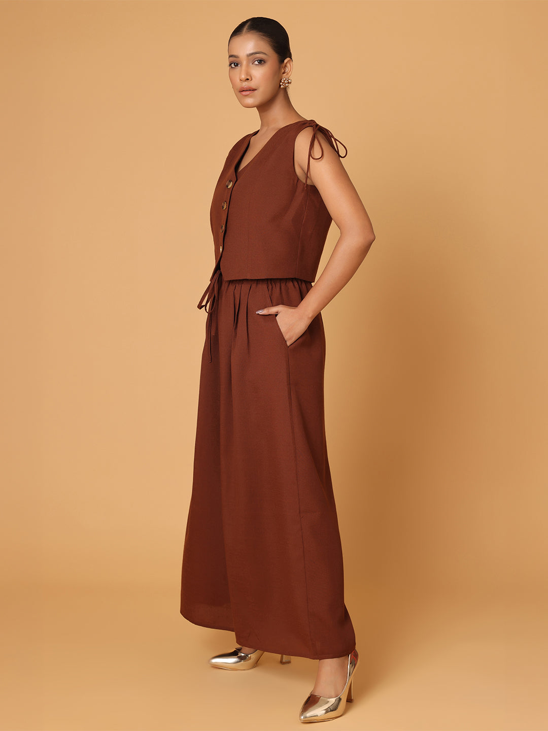 Blanc9 Women Brown Ruched Shoulder Co-ord Set