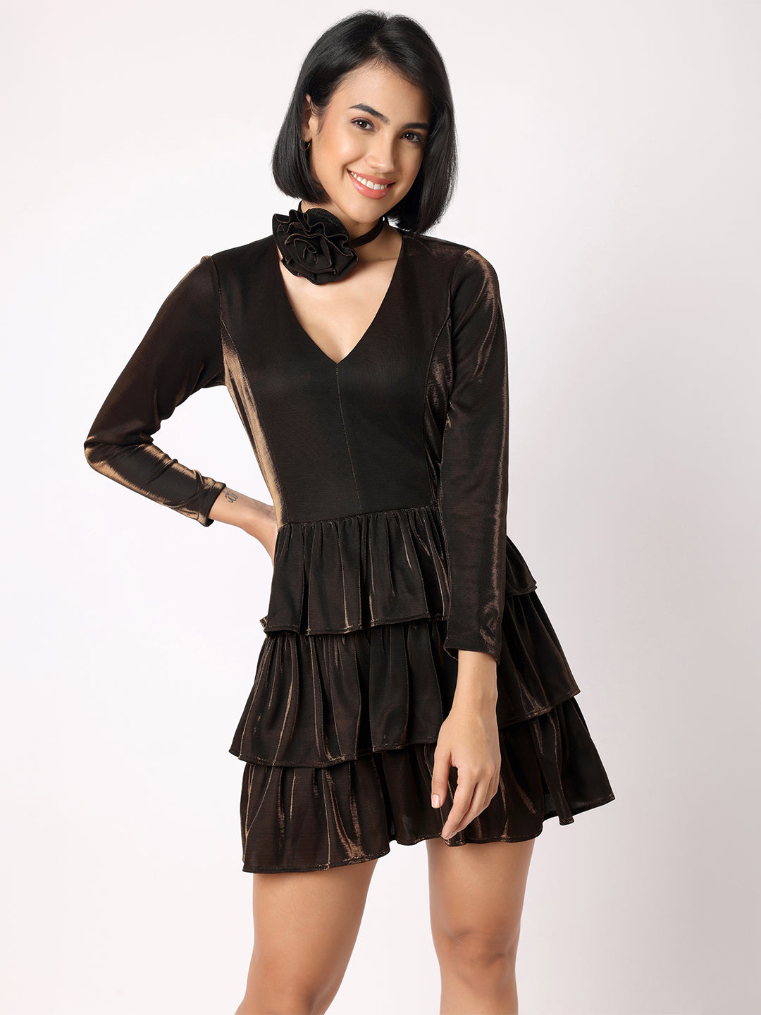 Blanc9 Women Brownish Gold Double Toned Layered Dress With Flower Brooch