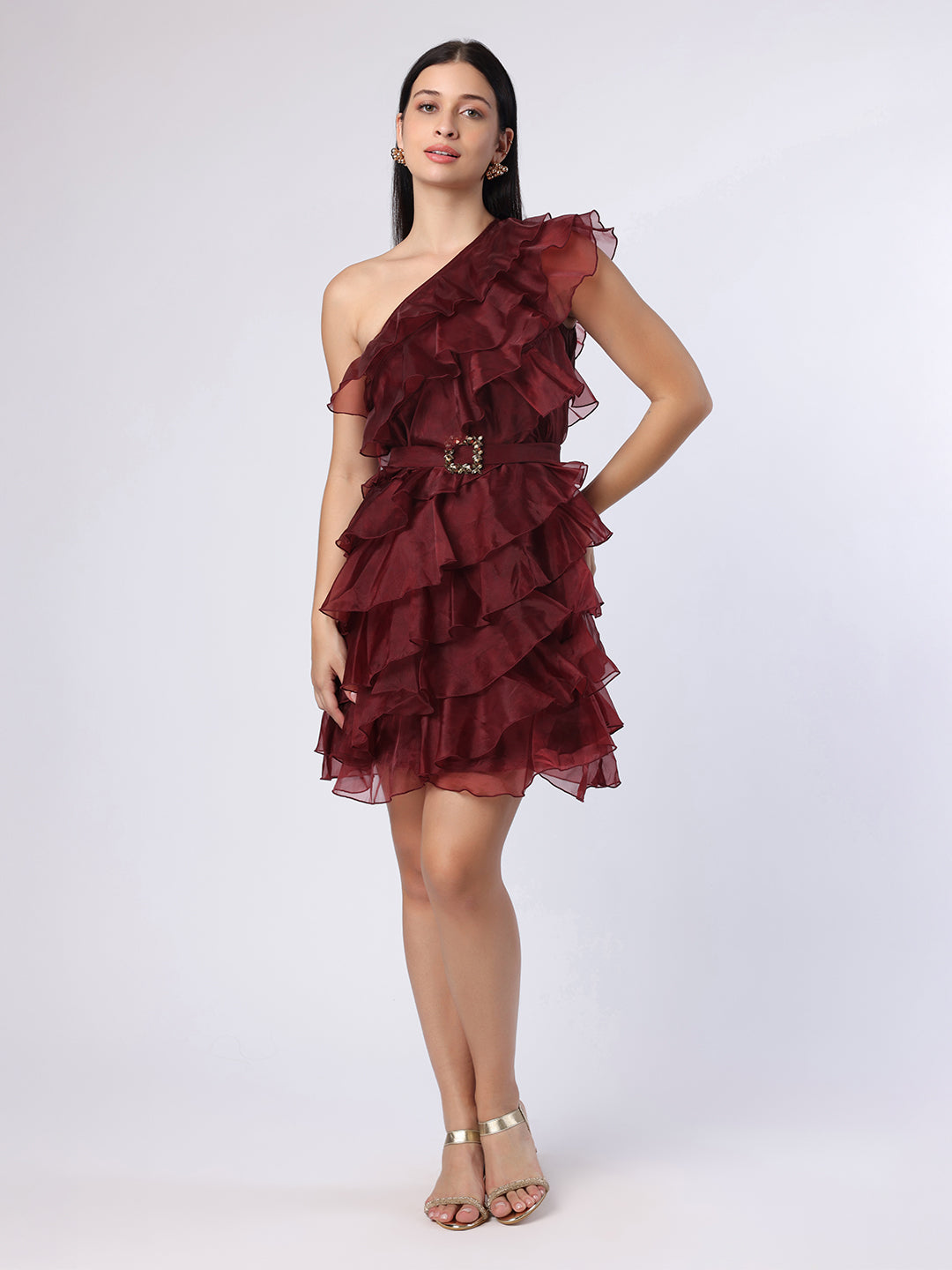 Blanc9 Women Burgundy Organza One-Shoulder Dress