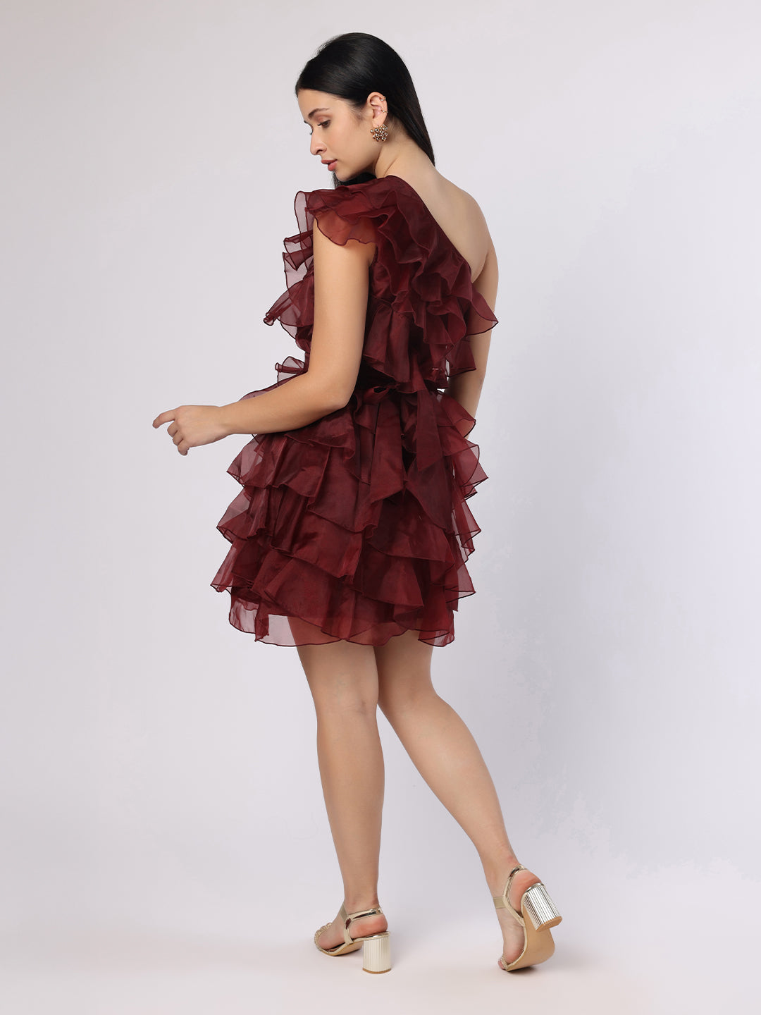 Blanc9 Women Burgundy Organza One-Shoulder Dress