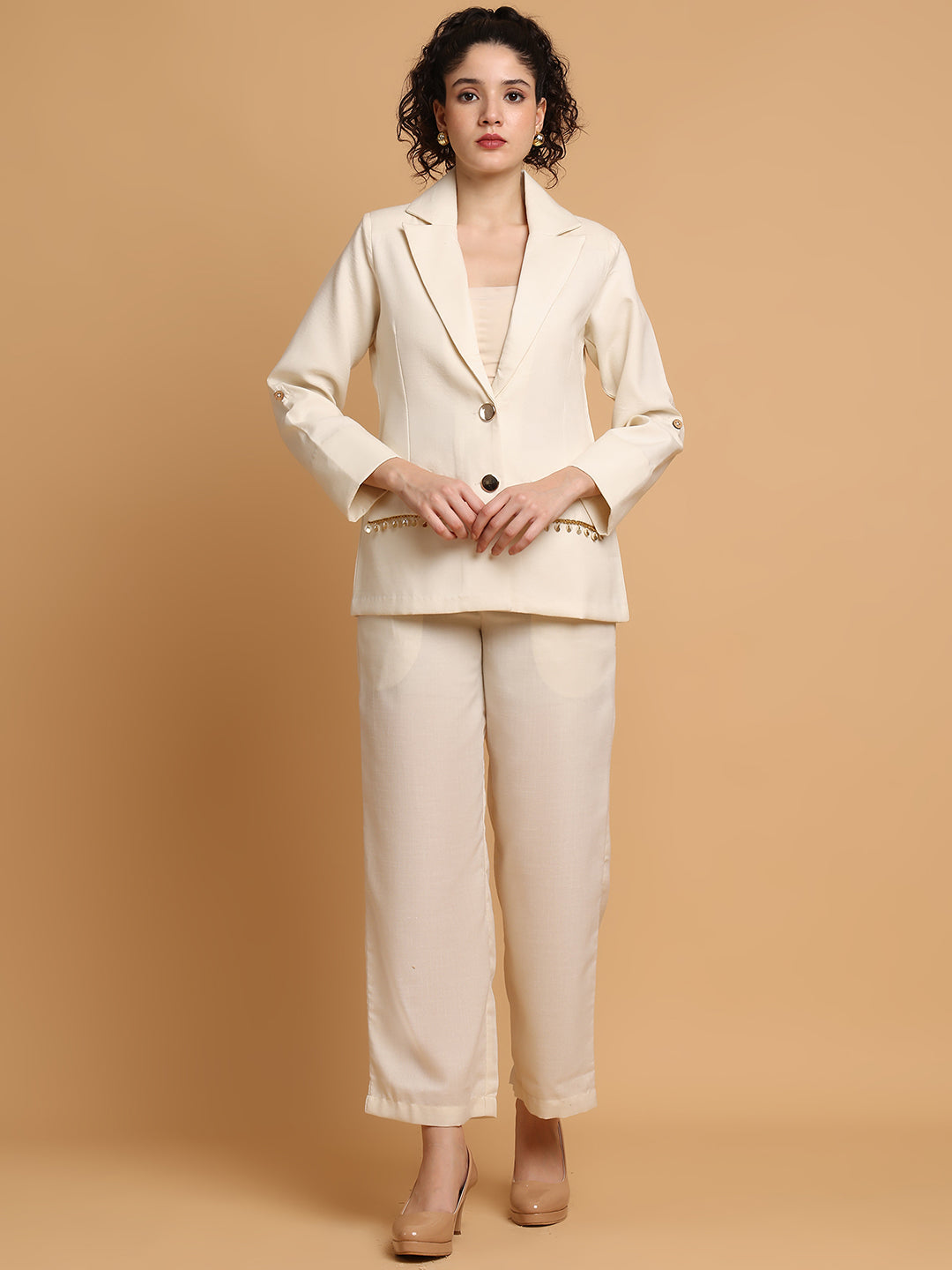 Blanc9 Women Cream Blazer Set With Trim Detail At Pockets