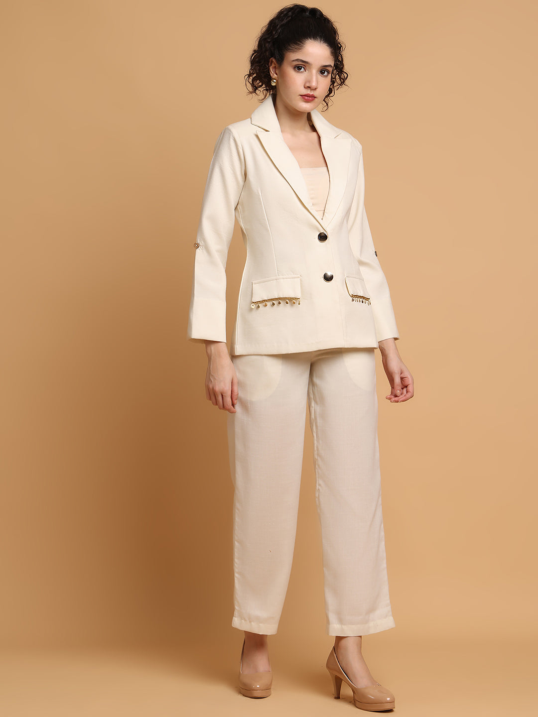 Blanc9 Women Cream Blazer Set With Trim Detail At Pockets