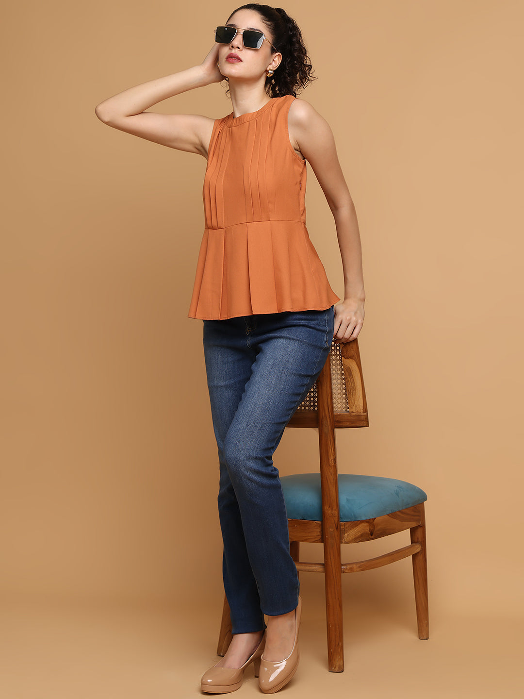 Blanc9 Women Dusty Orange Peplum Top With Back Bow