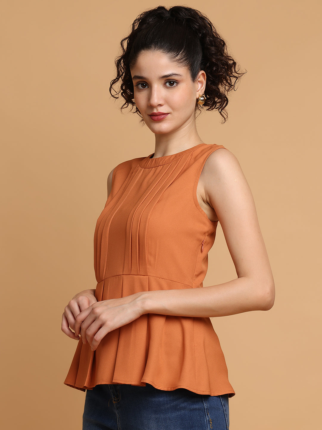 Blanc9 Women Dusty Orange Peplum Top With Back Bow