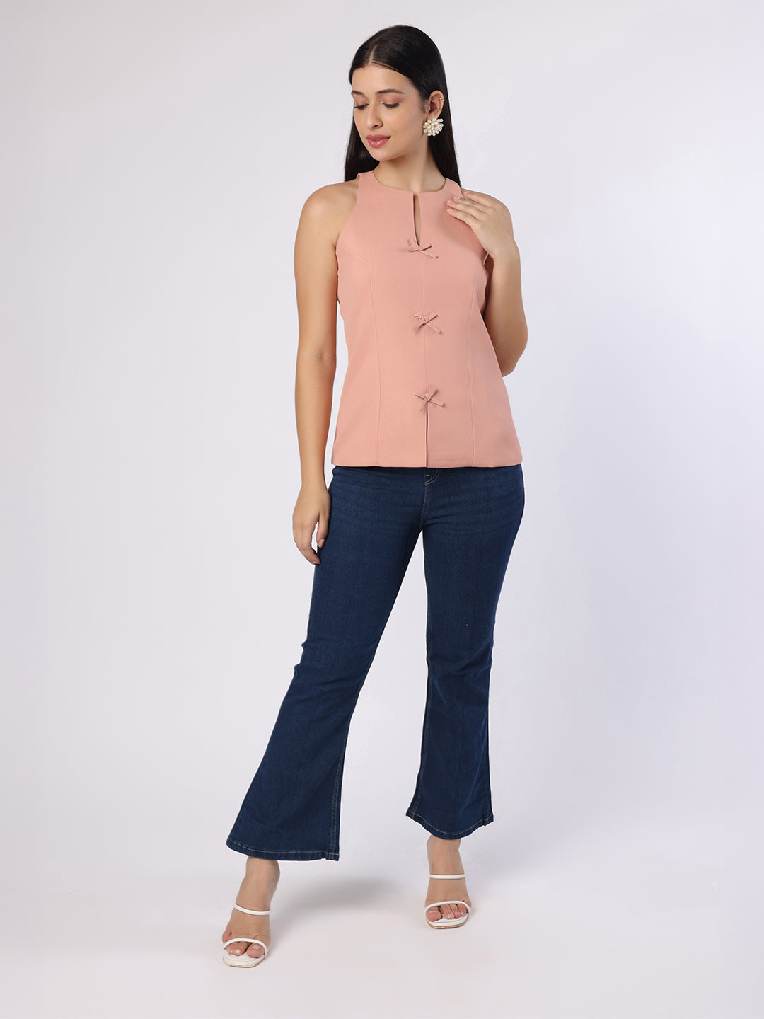 Blanc9 Women Dusty Peach Top With Front Bow Detail