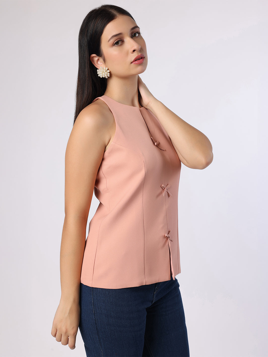 Blanc9 Women Dusty Peach Top With Front Bow Detail