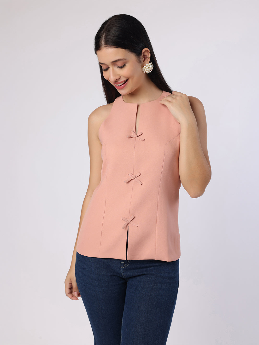 Blanc9 Women Dusty Peach Top With Front Bow Detail