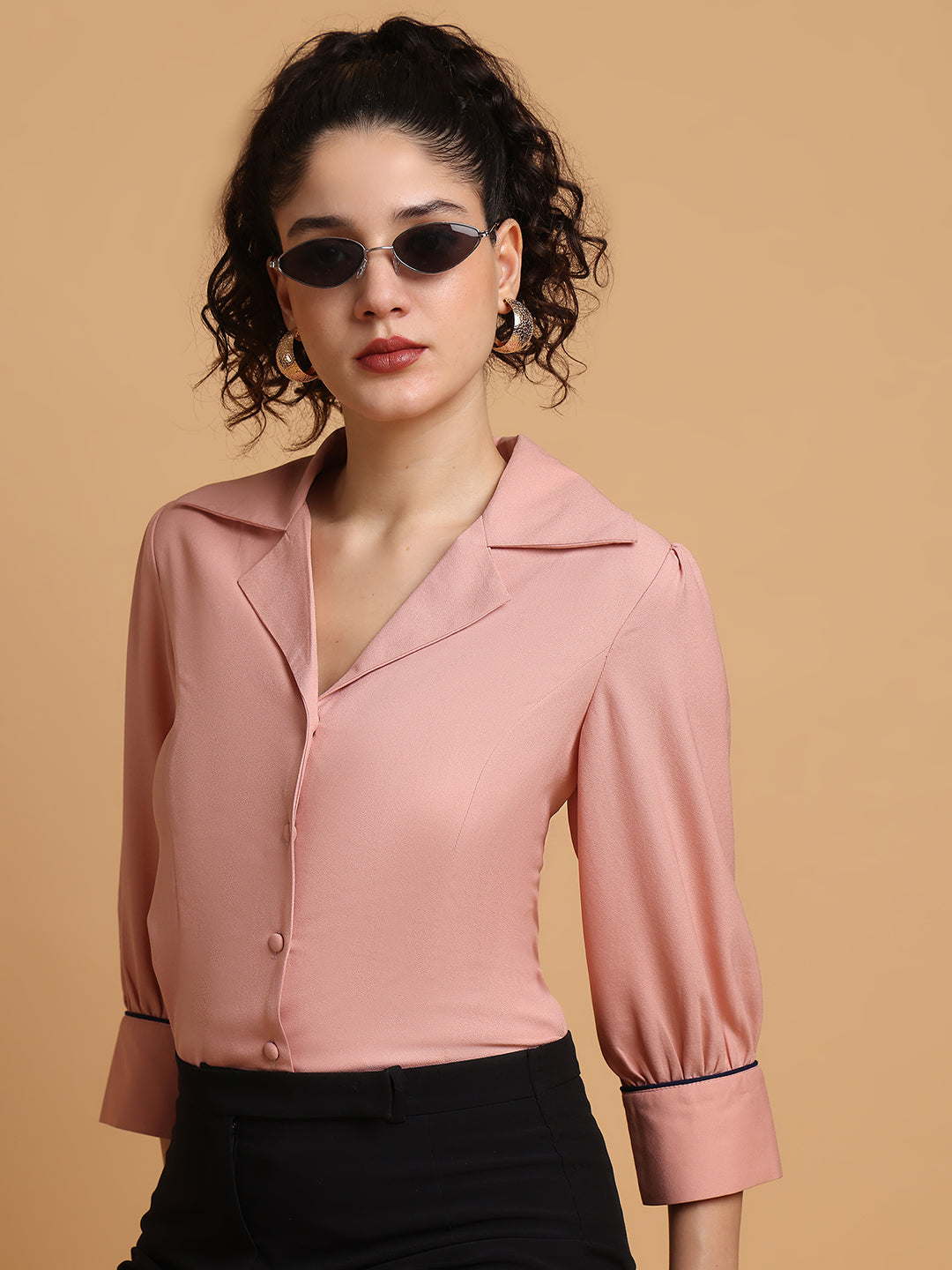 Dusty Pink Shirt With Contrast Piping At Sleeves