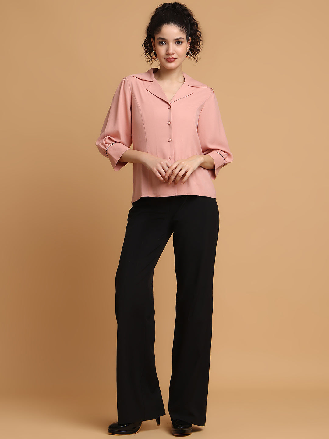 Dusty Pink Shirt With Contrast Piping At Sleeves