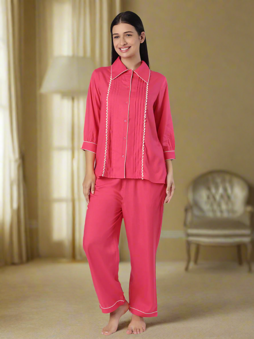 Fuchsia Pink Nightwear With Contrast Piping And Lace
