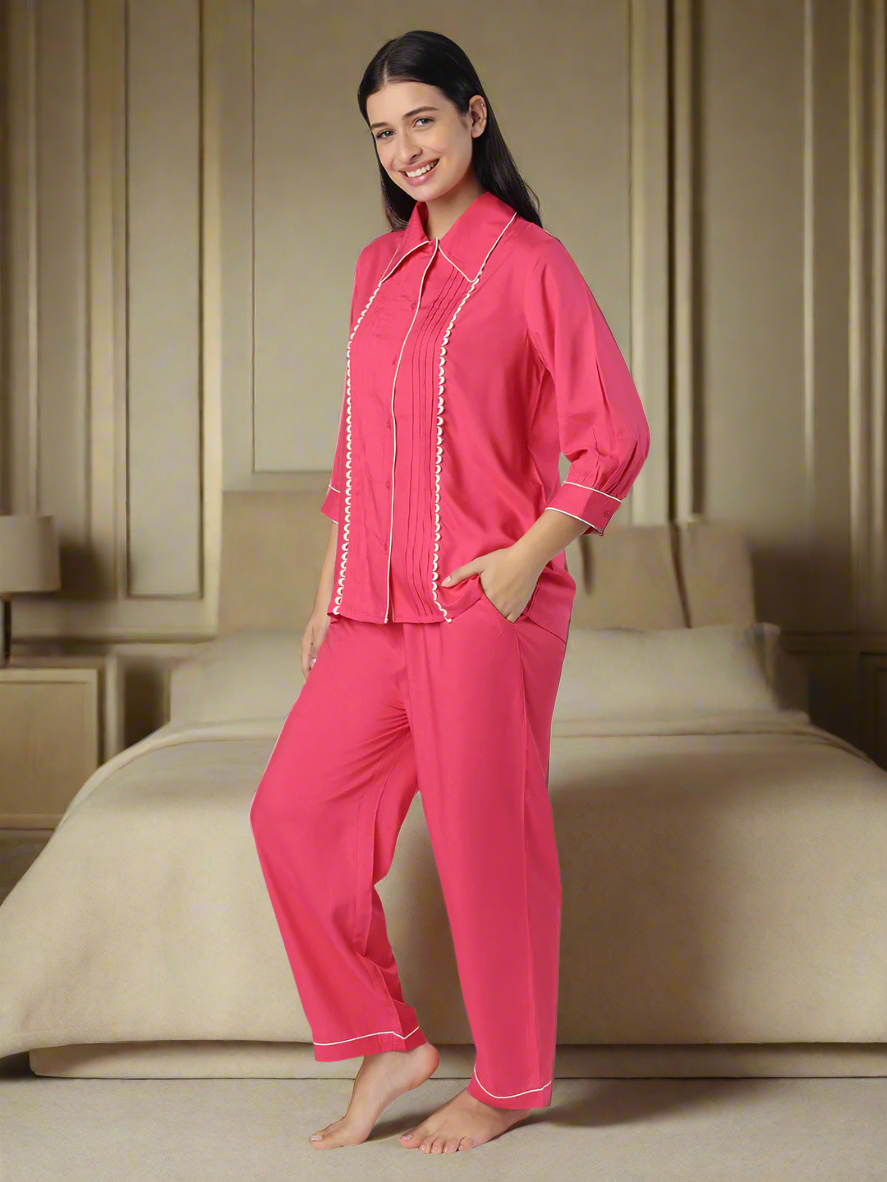 Fuchsia Pink Nightwear With Contrast Piping And Lace