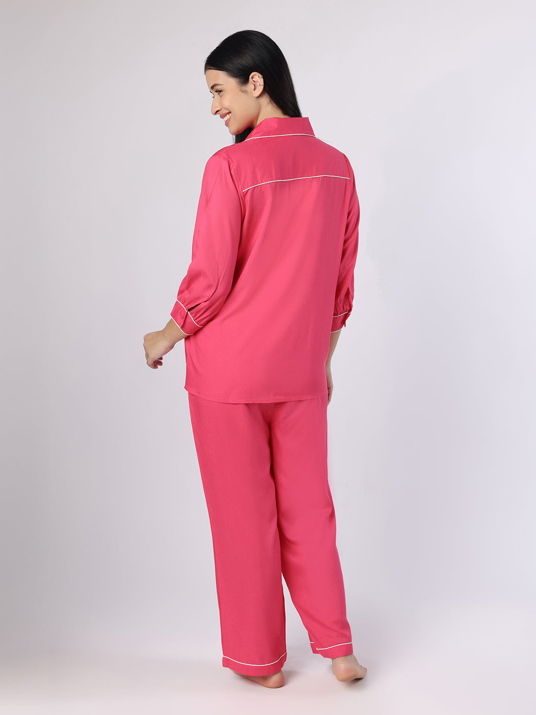 Blanc9 Women Fuchsia Pink Nightwear With Contrast Piping And Lace