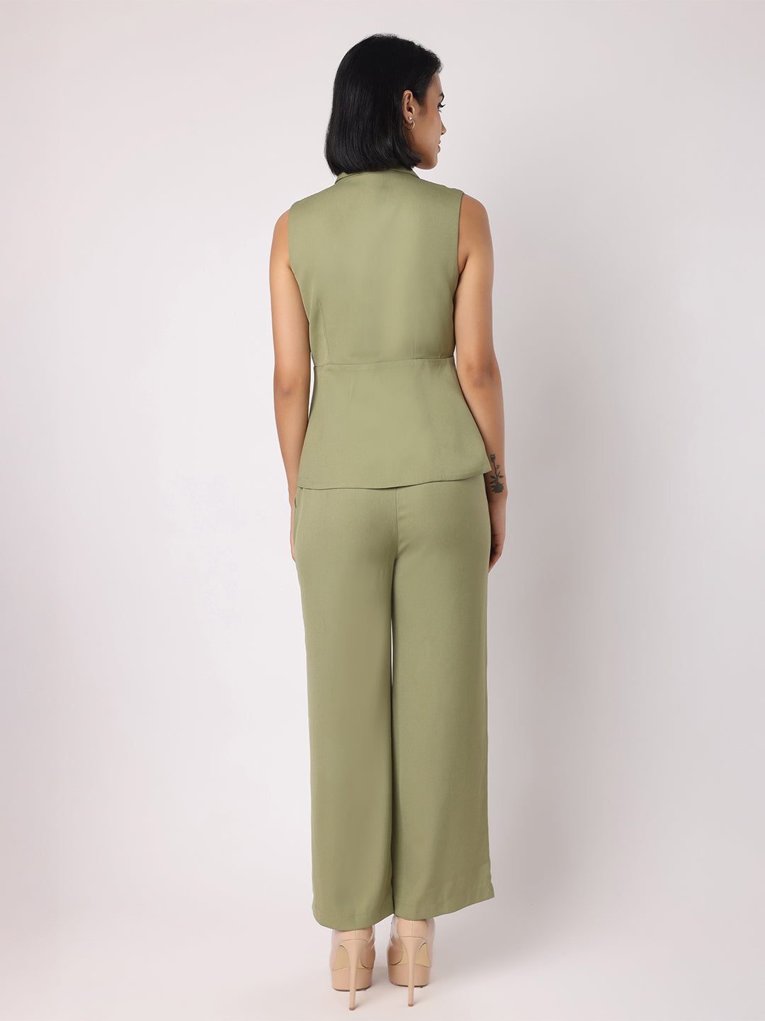 Blanc9 Women Green Blazer Top With Asymmetric Hem Co-Ordinated With Trousers