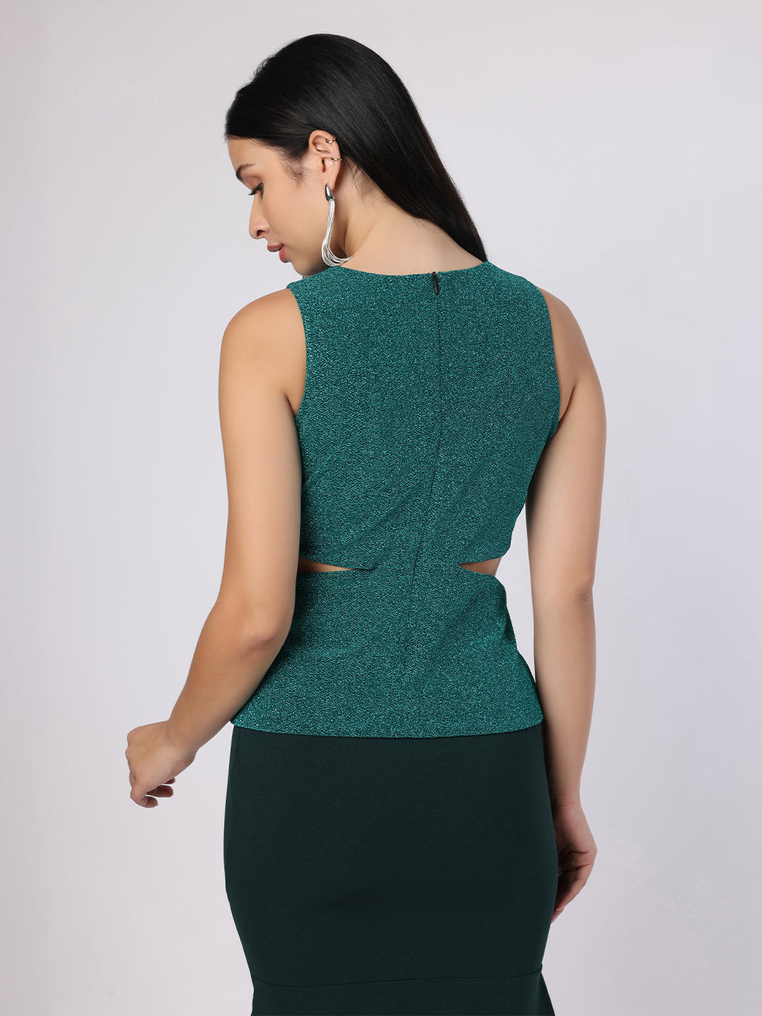 Blanc9 Women Green Lurex Cut-Out Top