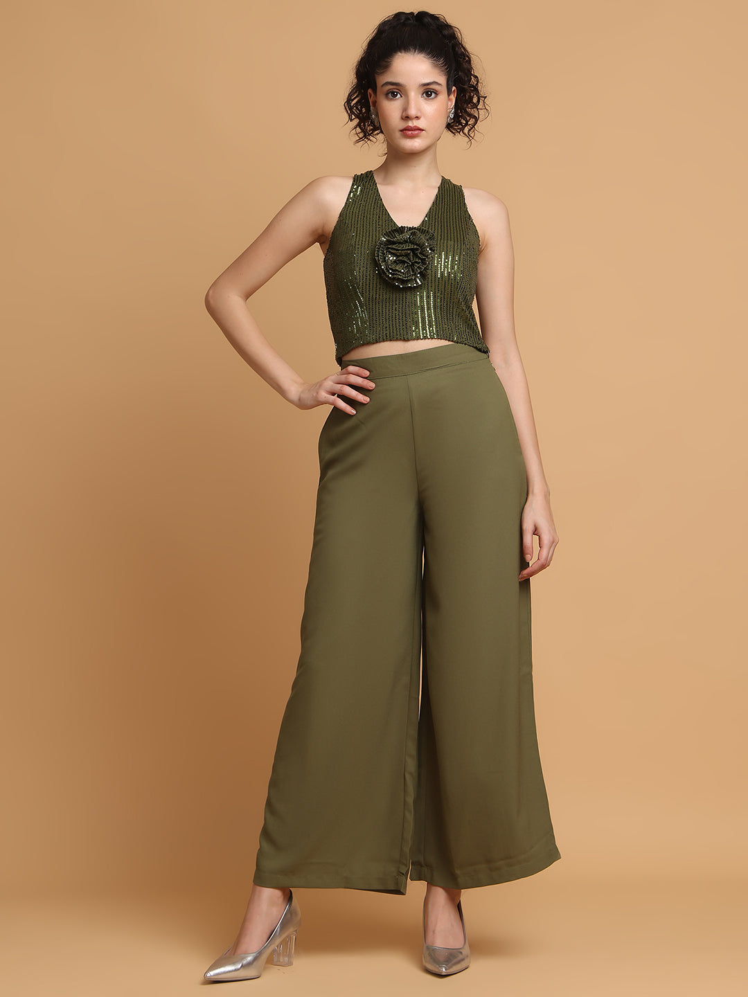 Blanc9 Women Green Sequinned Rose Top With Trousers