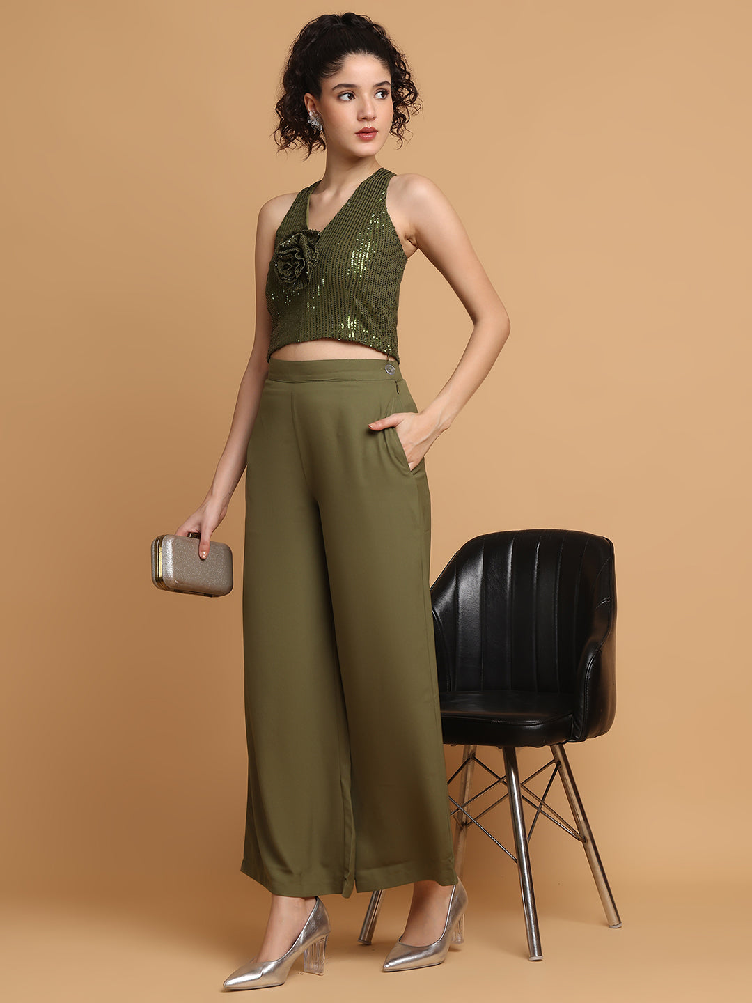 Blanc9 Women Green Sequinned Rose Top With Trousers