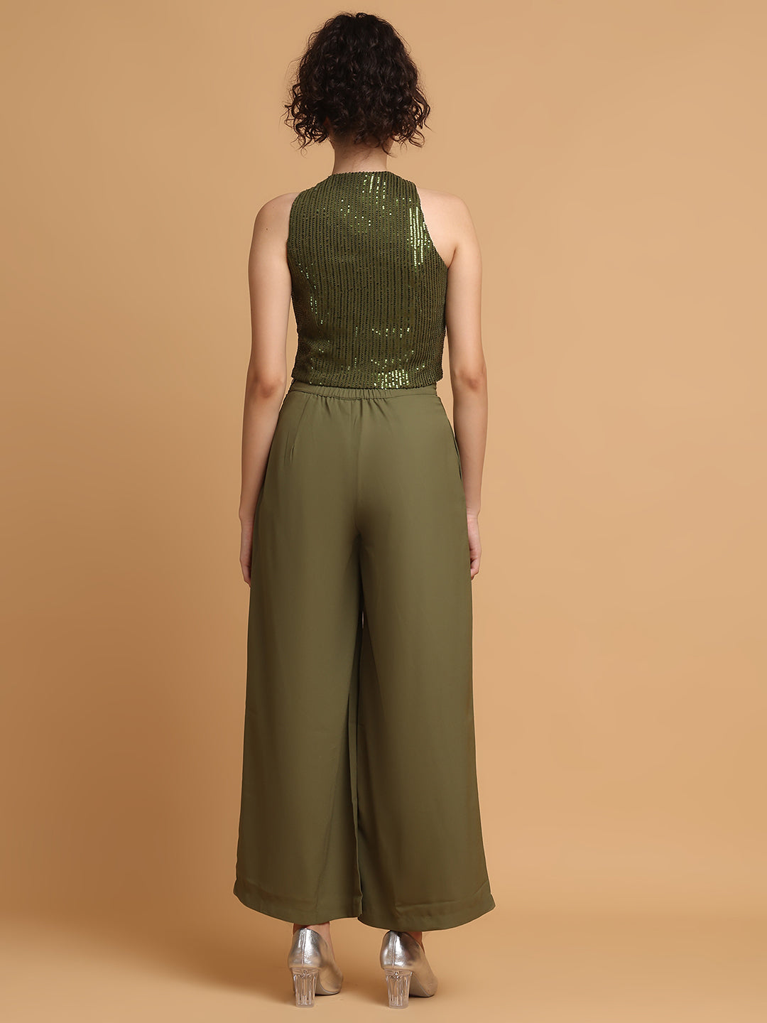 Blanc9 Women Green Sequinned Rose Top With Trousers