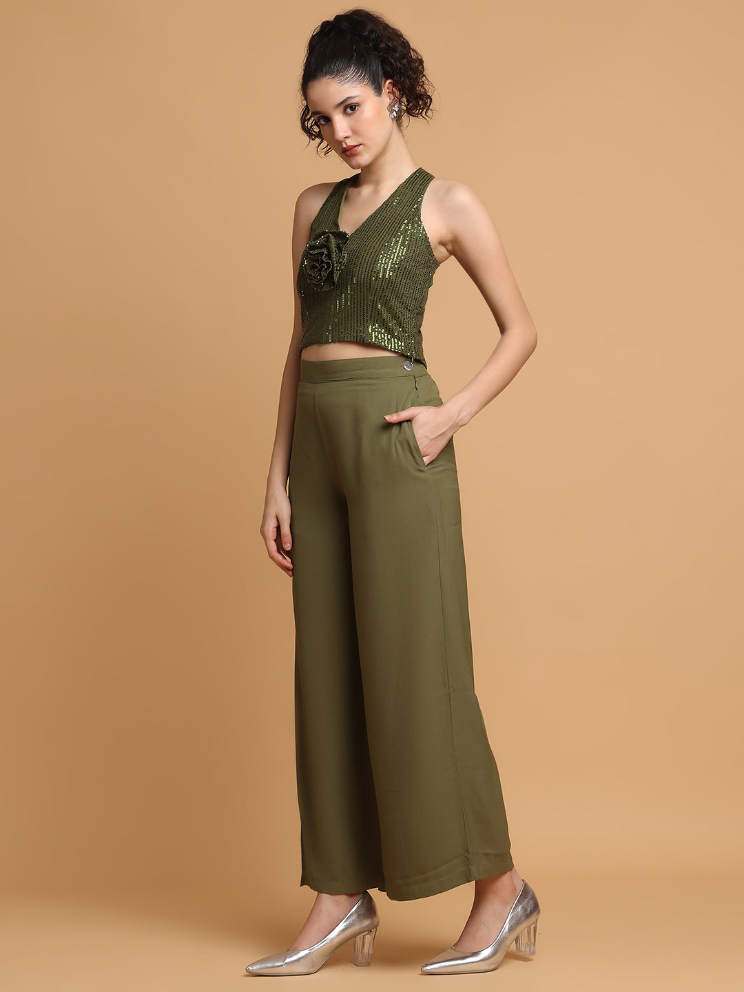 Blanc9 Women Green Sequinned Rose Top With Trousers