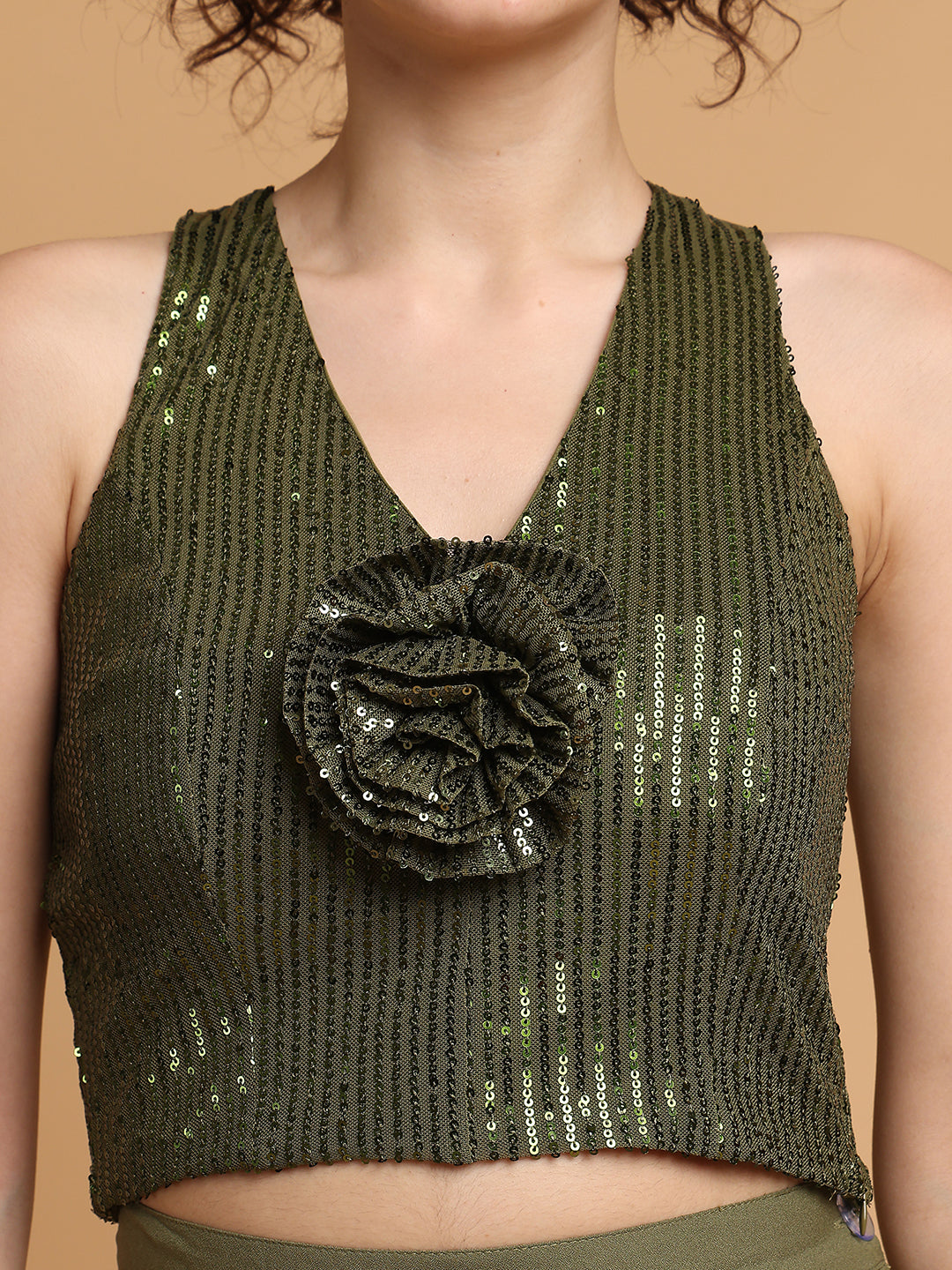 Blanc9 Women Green Sequinned Rose Top With Trousers