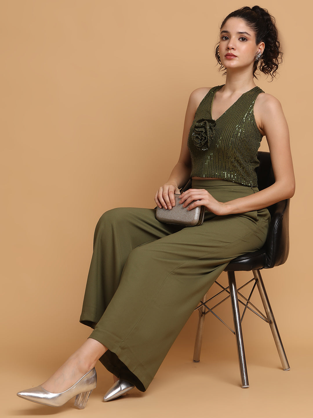 Blanc9 Women Green Sequinned Rose Top With Trousers