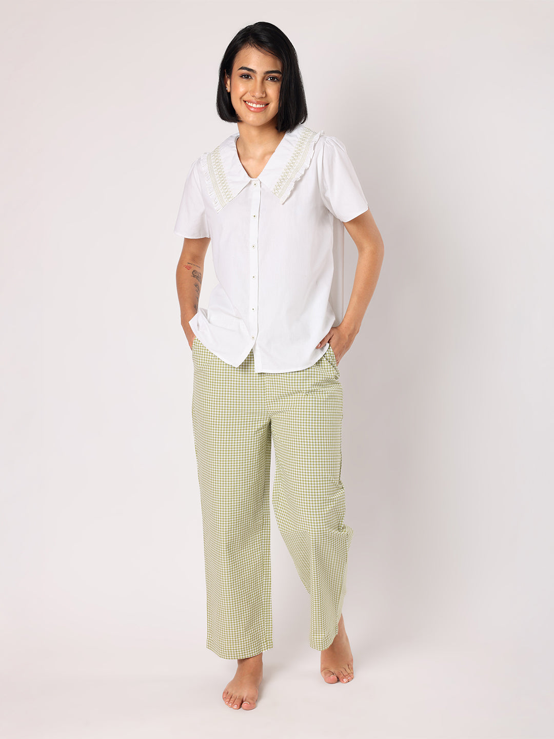 Blanc9 Women  Green & White Checkered Pyjama Set With Smocked Collar White Top