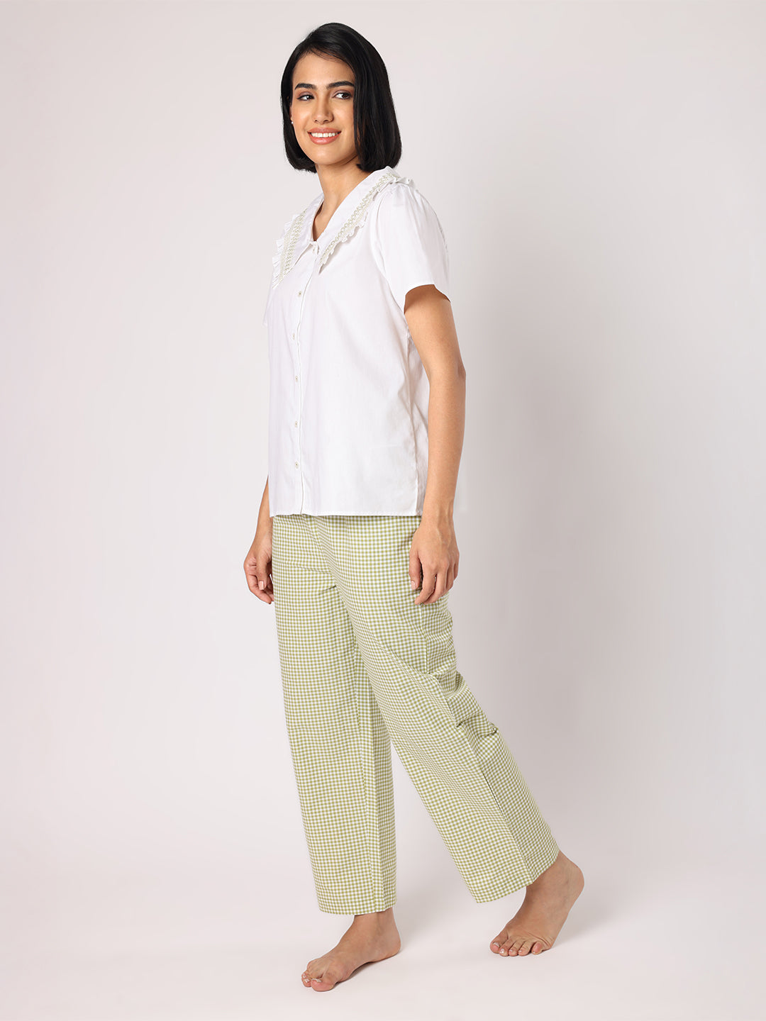 Blanc9 Women  Green & White Checkered Pyjama Set With Smocked Collar White Top