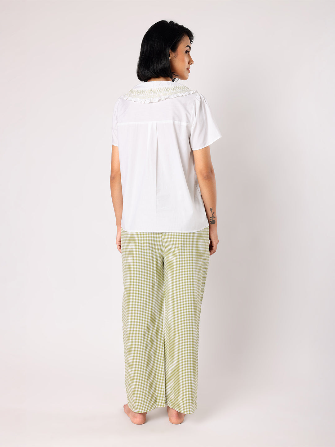 Blanc9 Women  Green & White Checkered Pyjama Set With Smocked Collar White Top