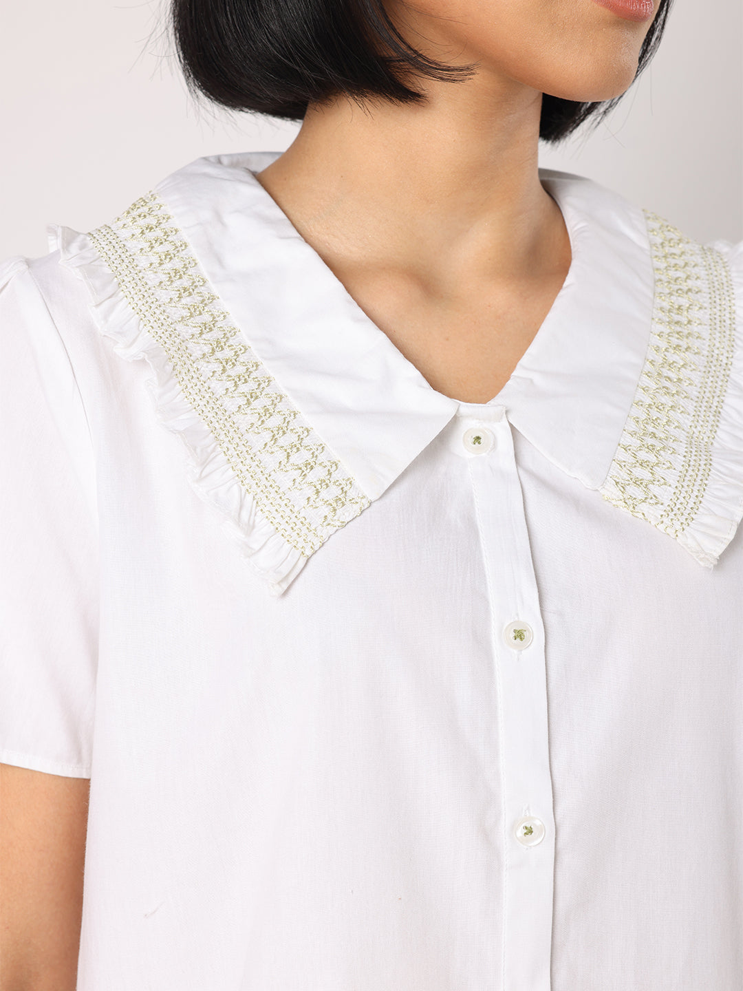 Blanc9 Women  Green & White Checkered Pyjama Set With Smocked Collar White Top
