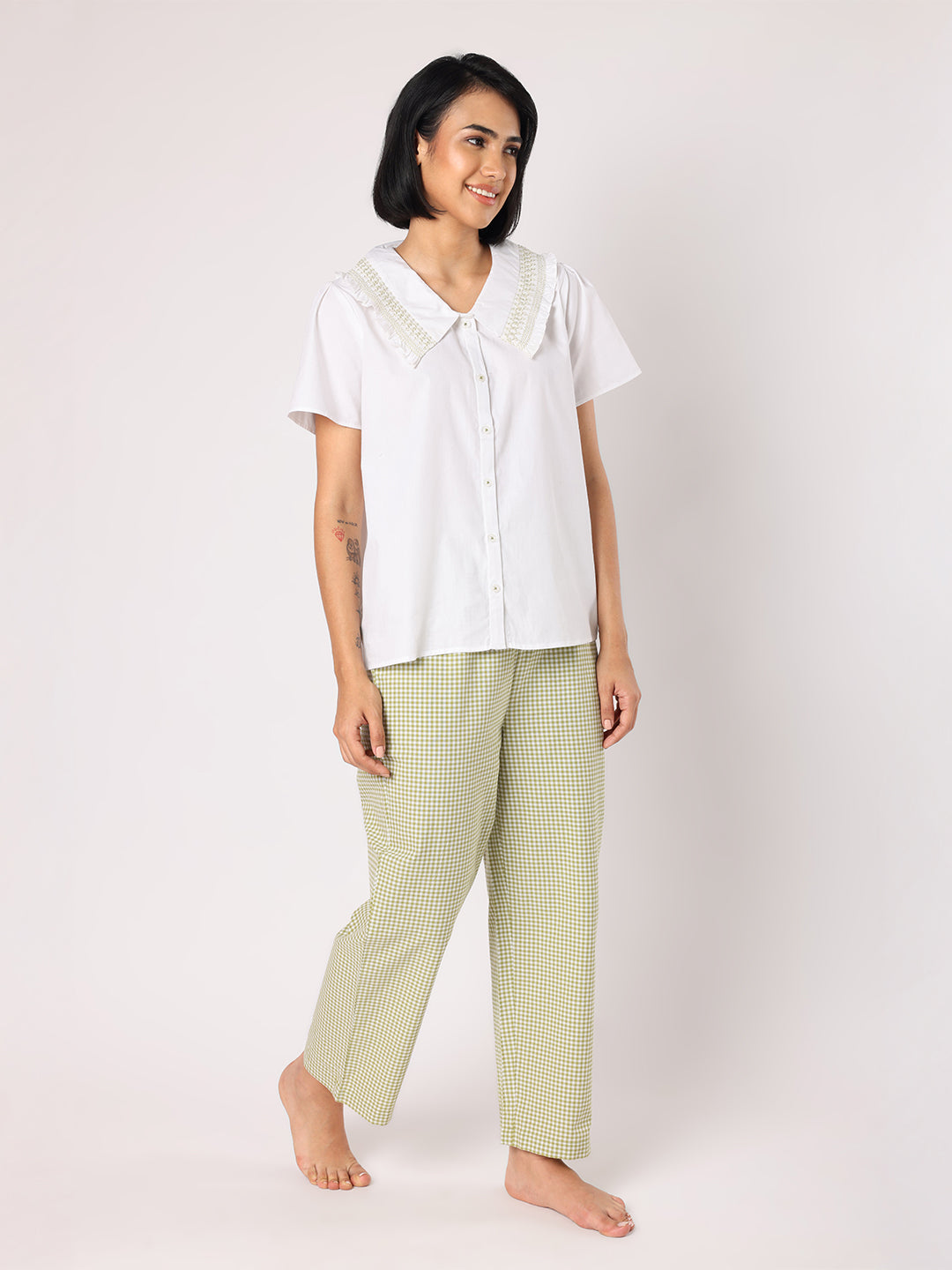 Blanc9 Women  Green & White Checkered Pyjama Set With Smocked Collar White Top