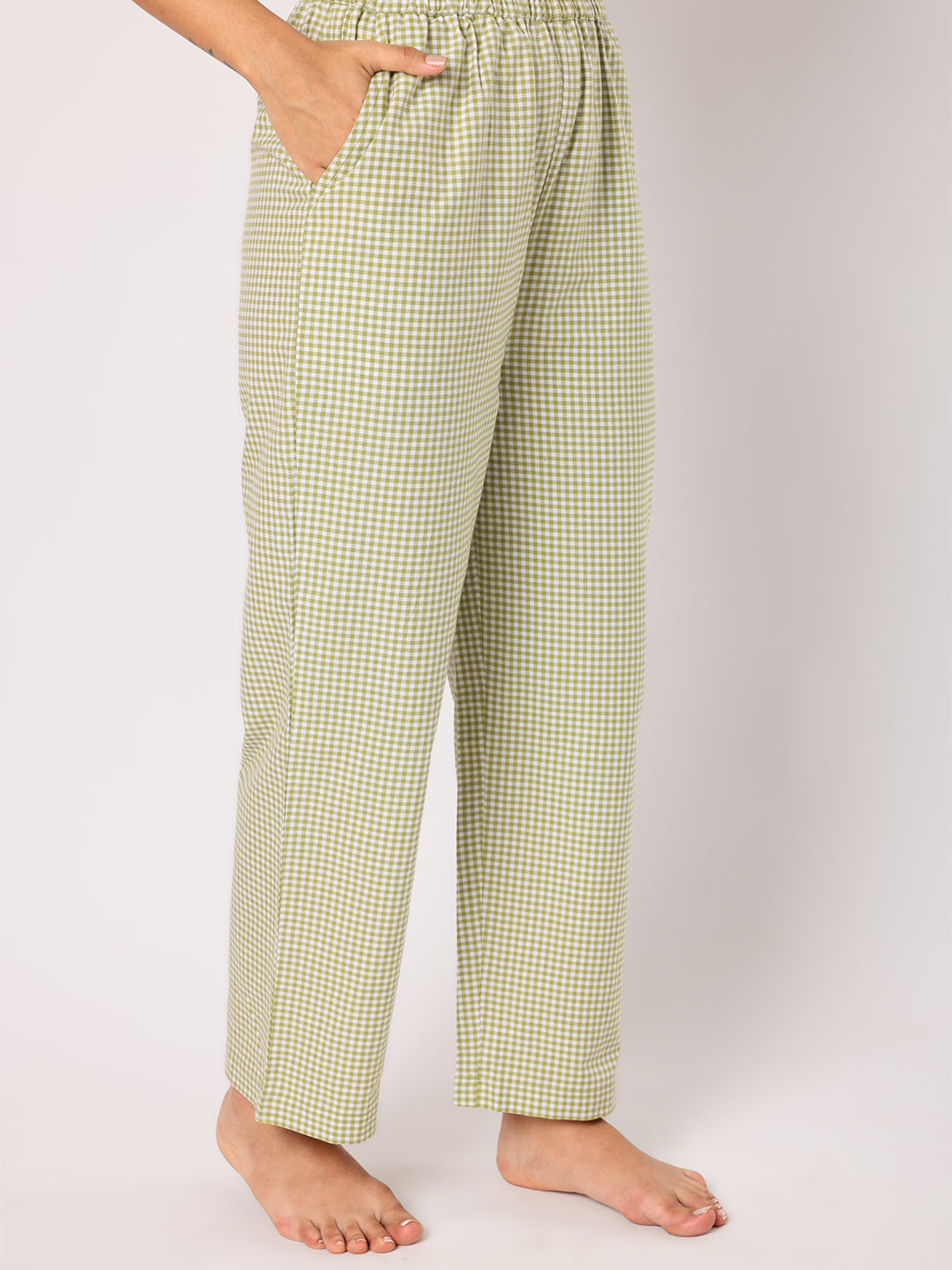 Blanc9 Women  Green & White Checkered Pyjama Set With Smocked Collar White Top