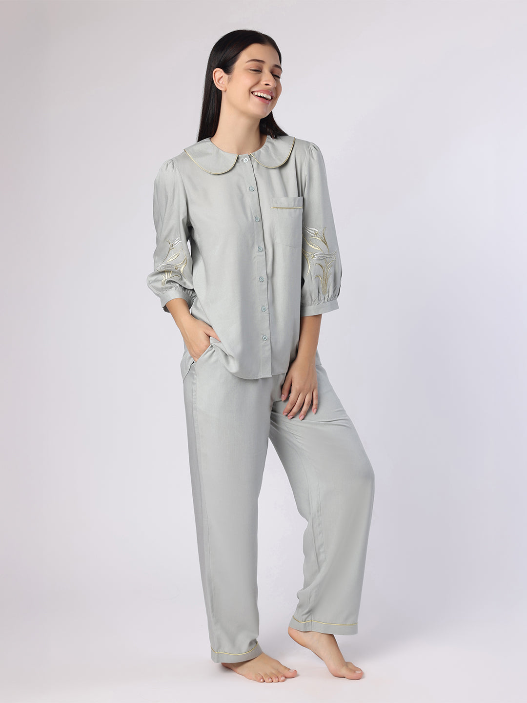 Blanc9 Women Grey Nightwear With Gold-Silver Floral Embroidery