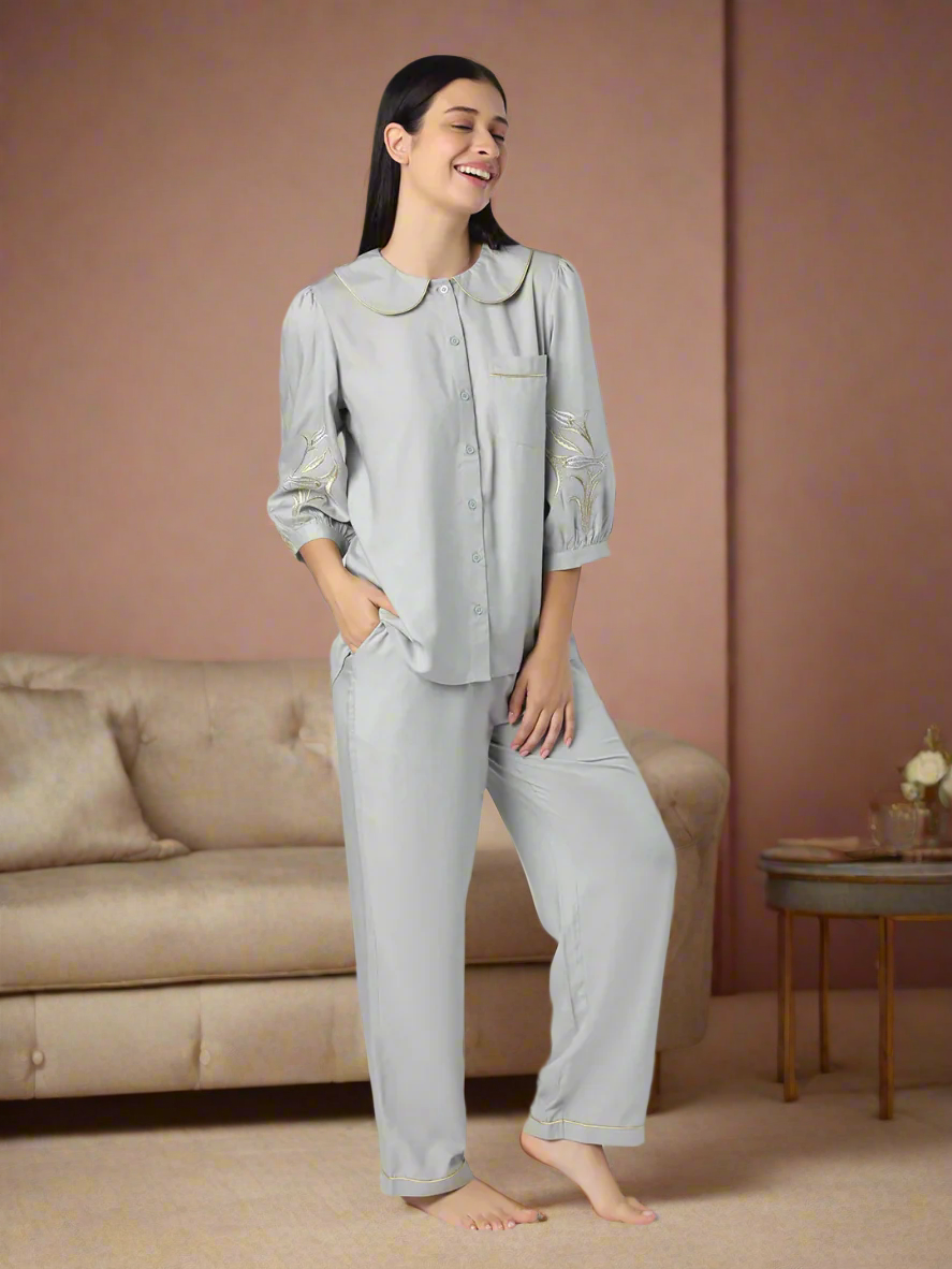 Grey Nightwear With Gold-Silver Floral Embroidery