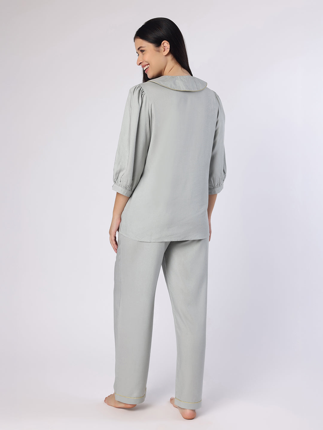 Blanc9 Women Grey Nightwear With Gold-Silver Floral Embroidery