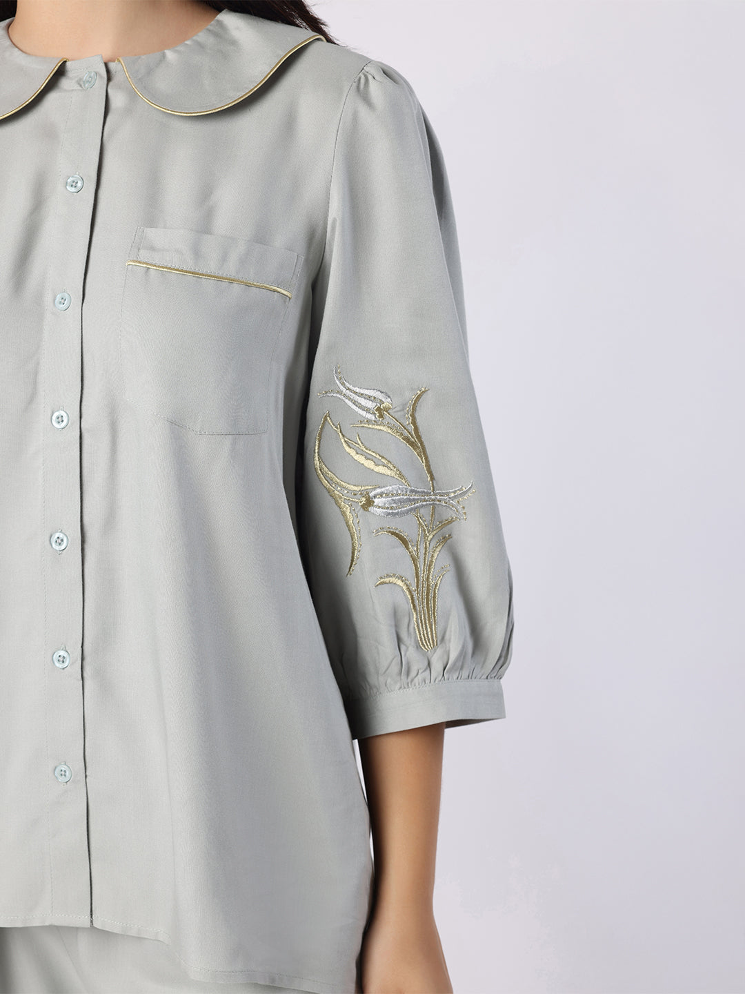 Blanc9 Women Grey Nightwear With Gold-Silver Floral Embroidery