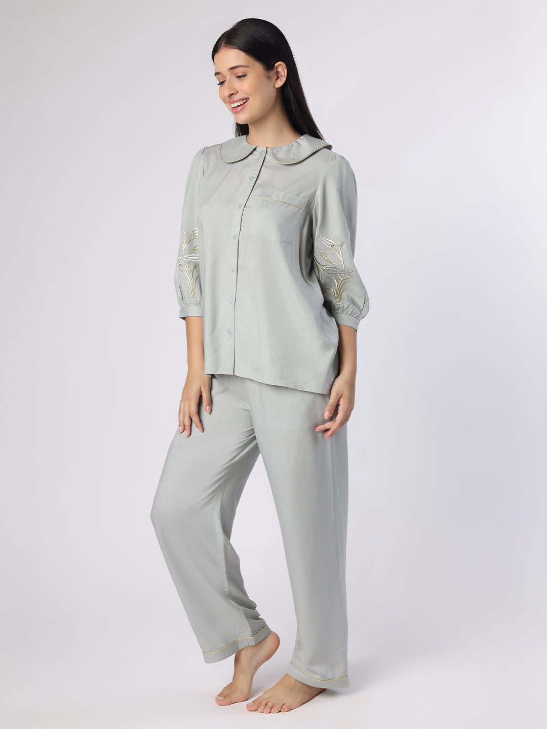 Blanc9 Women Grey Nightwear With Gold-Silver Floral Embroidery
