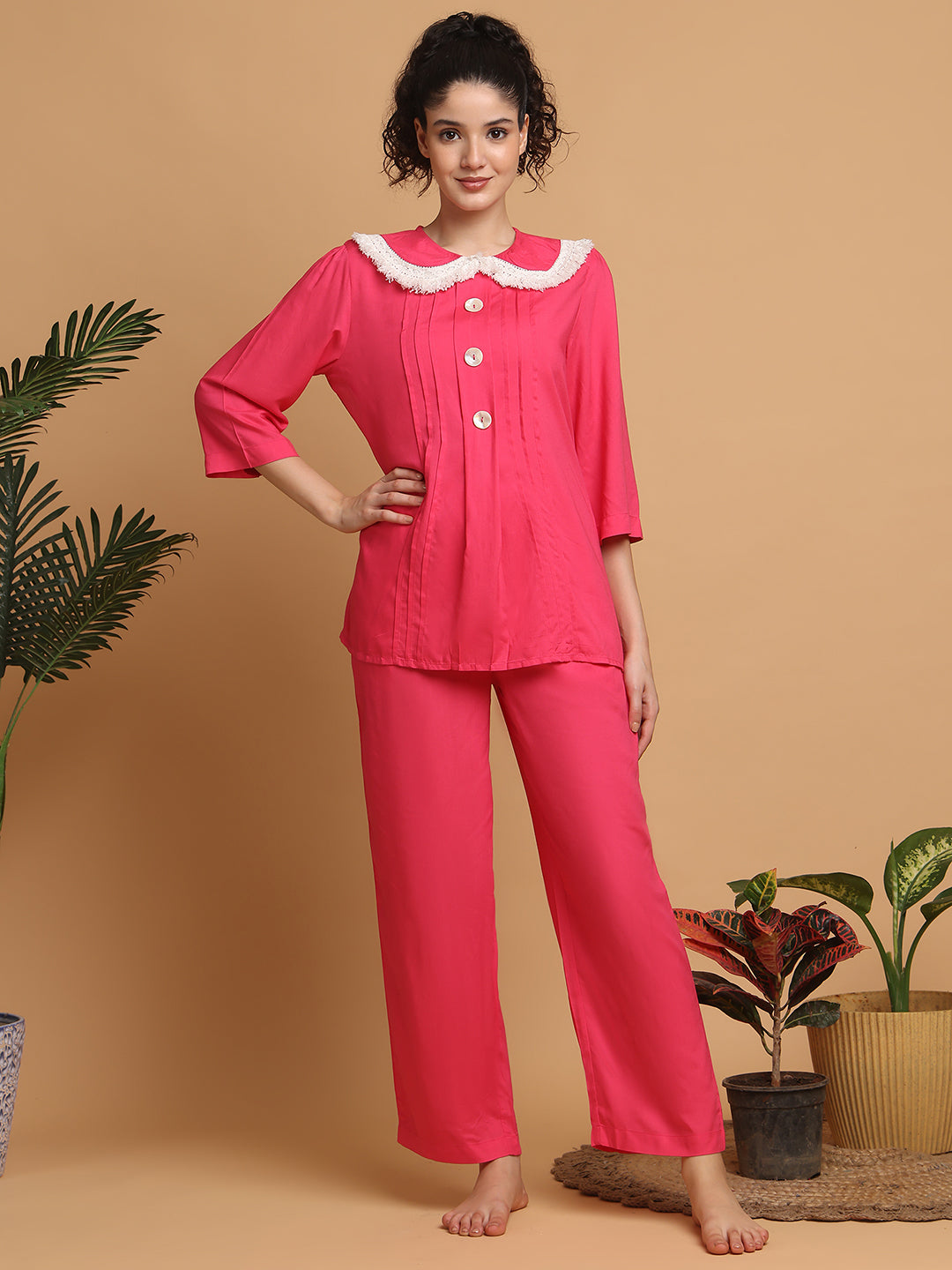 Blanc9 Women Hot Pink Fringe Lace Collar Nightwear
