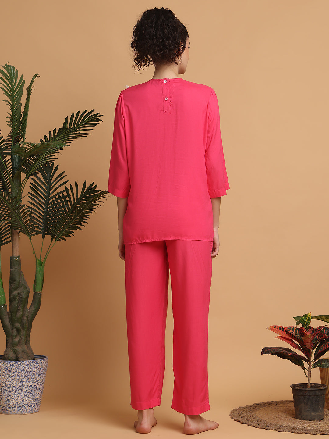 Blanc9 Women Hot Pink Fringe Lace Collar Nightwear