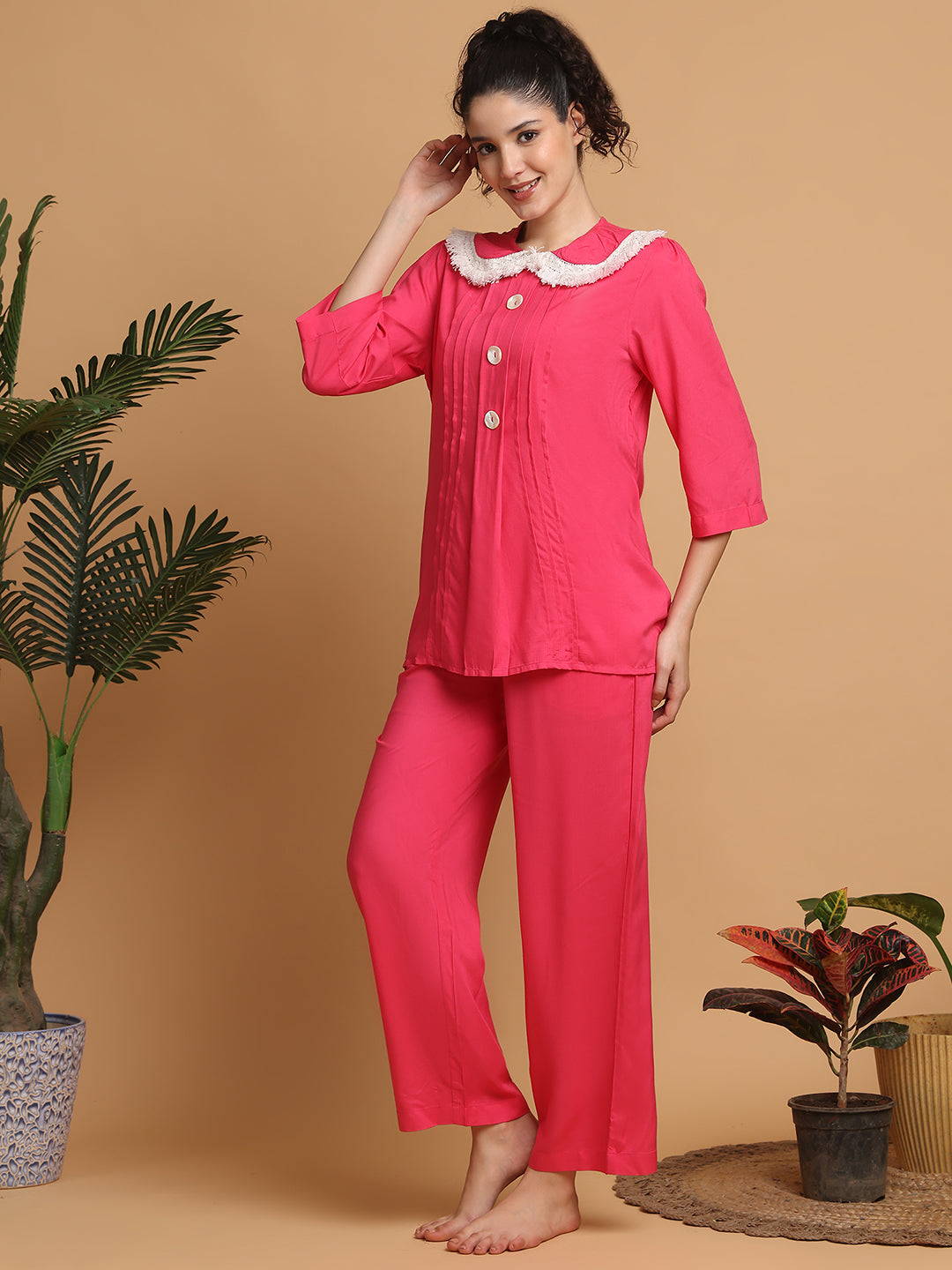 Blanc9 Women Hot Pink Fringe Lace Collar Nightwear