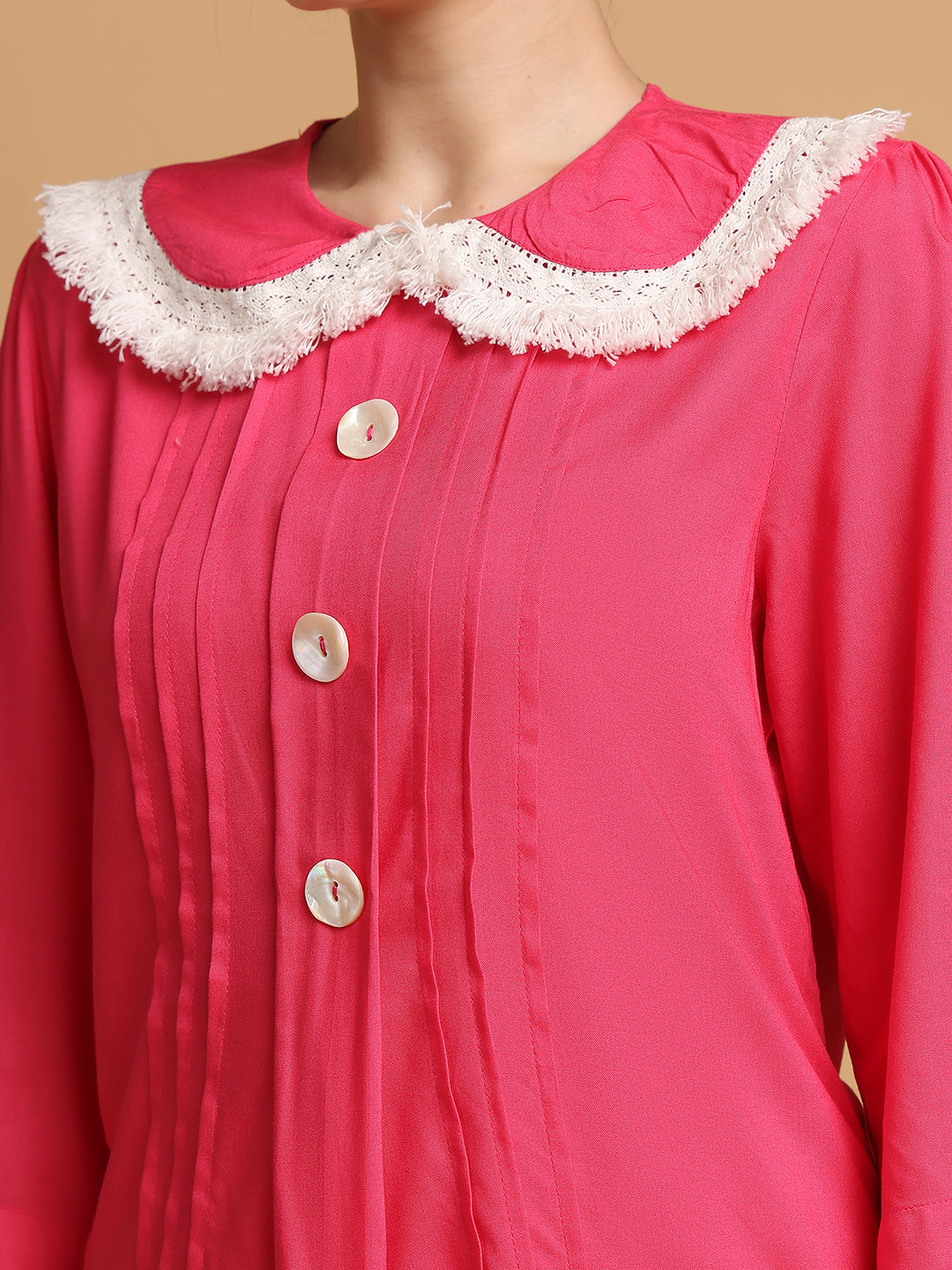 Blanc9 Women Hot Pink Fringe Lace Collar Nightwear