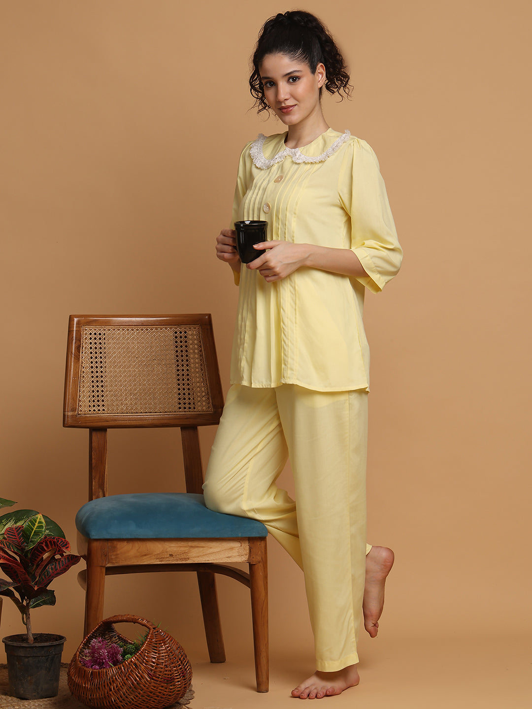 Blanc9 Women Lemon Yellow Fringe Lace Collar Nightwear