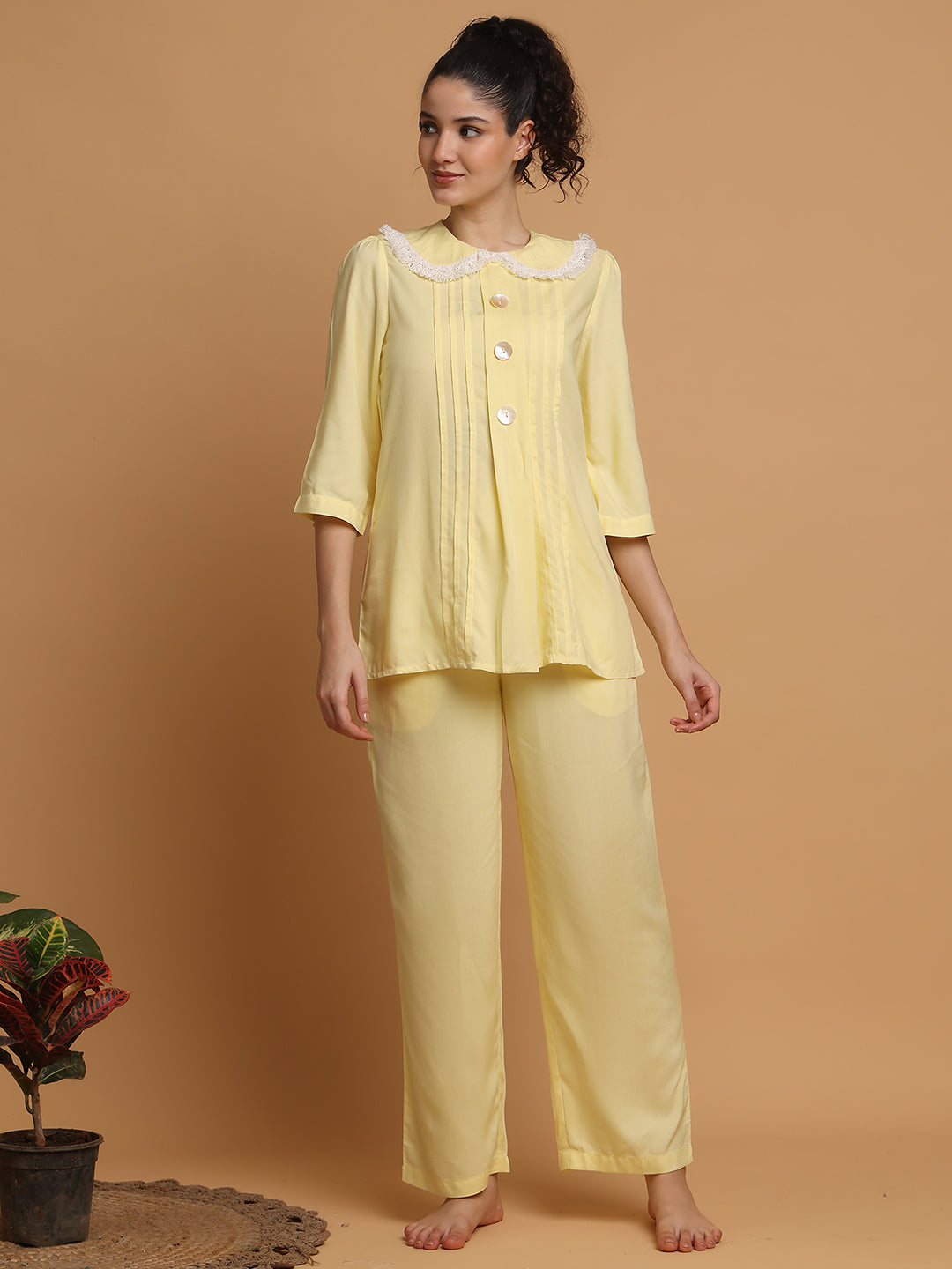 Blanc9 Women Lemon Yellow Fringe Lace Collar Nightwear