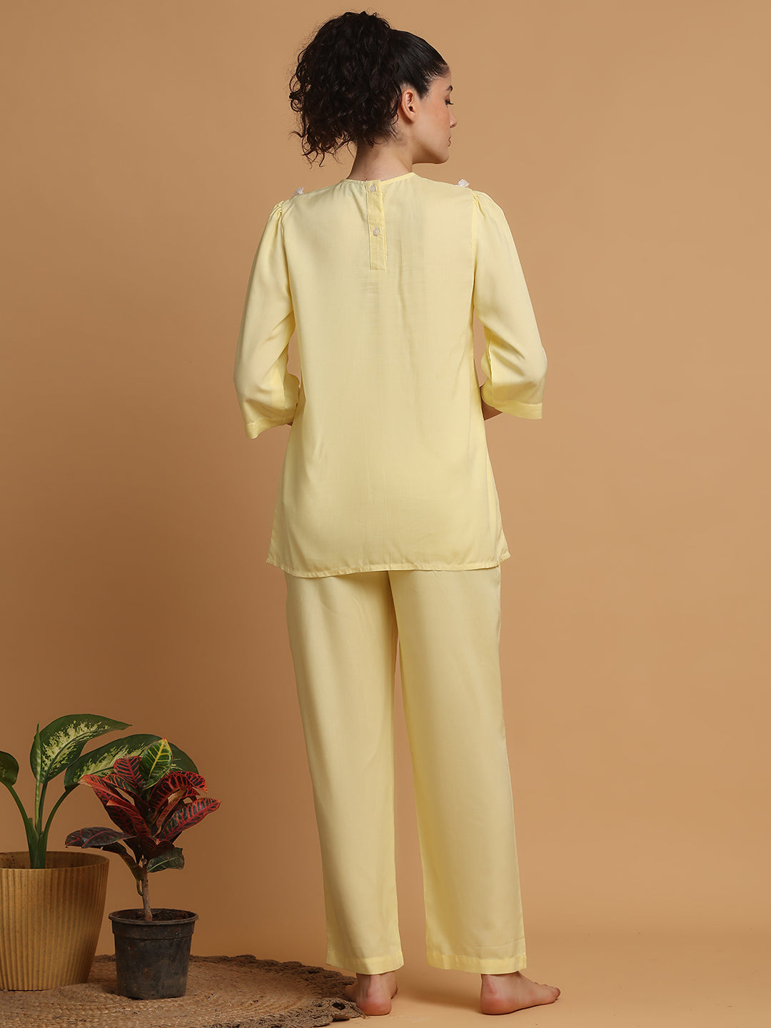 Blanc9 Women Lemon Yellow Fringe Lace Collar Nightwear