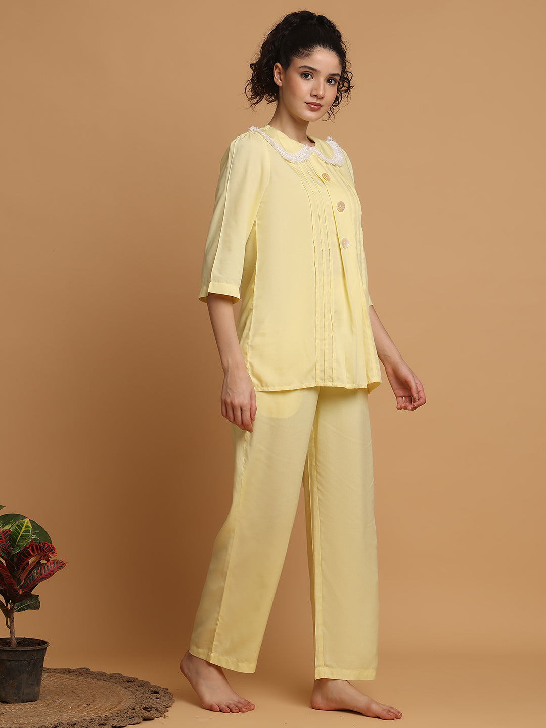 Blanc9 Women Lemon Yellow Fringe Lace Collar Nightwear