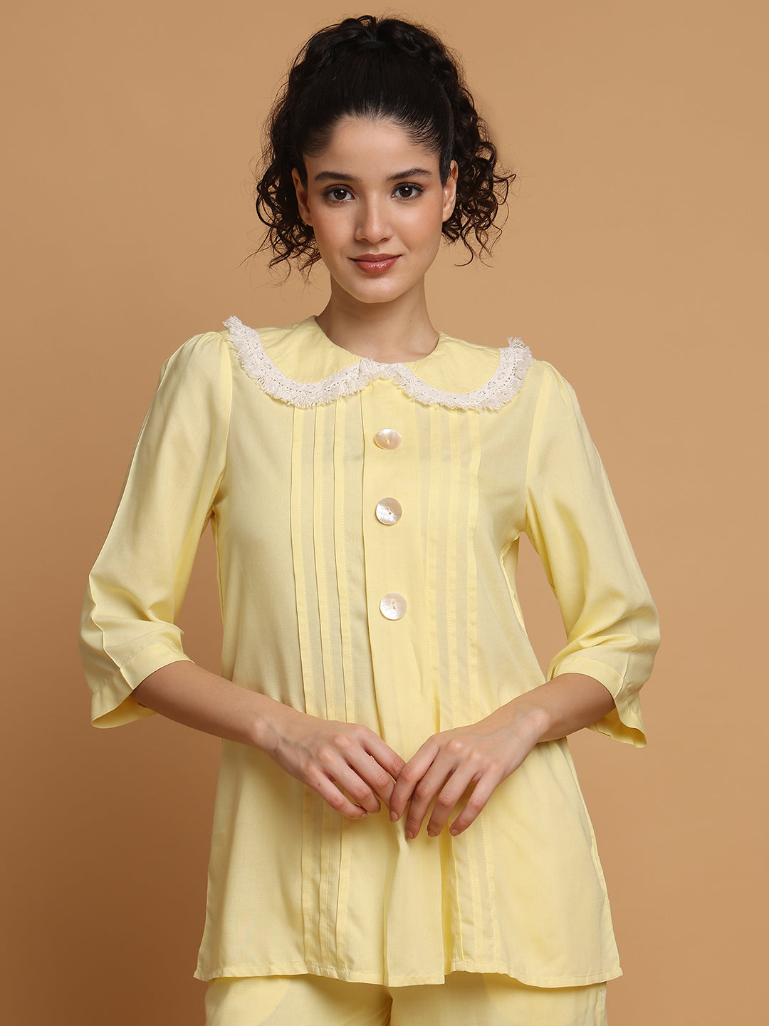 Blanc9 Women Lemon Yellow Fringe Lace Collar Nightwear