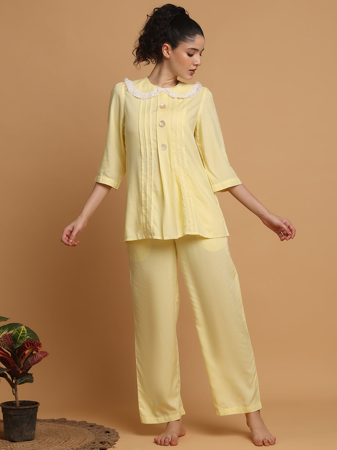 Blanc9 Women Lemon Yellow Fringe Lace Collar Nightwear
