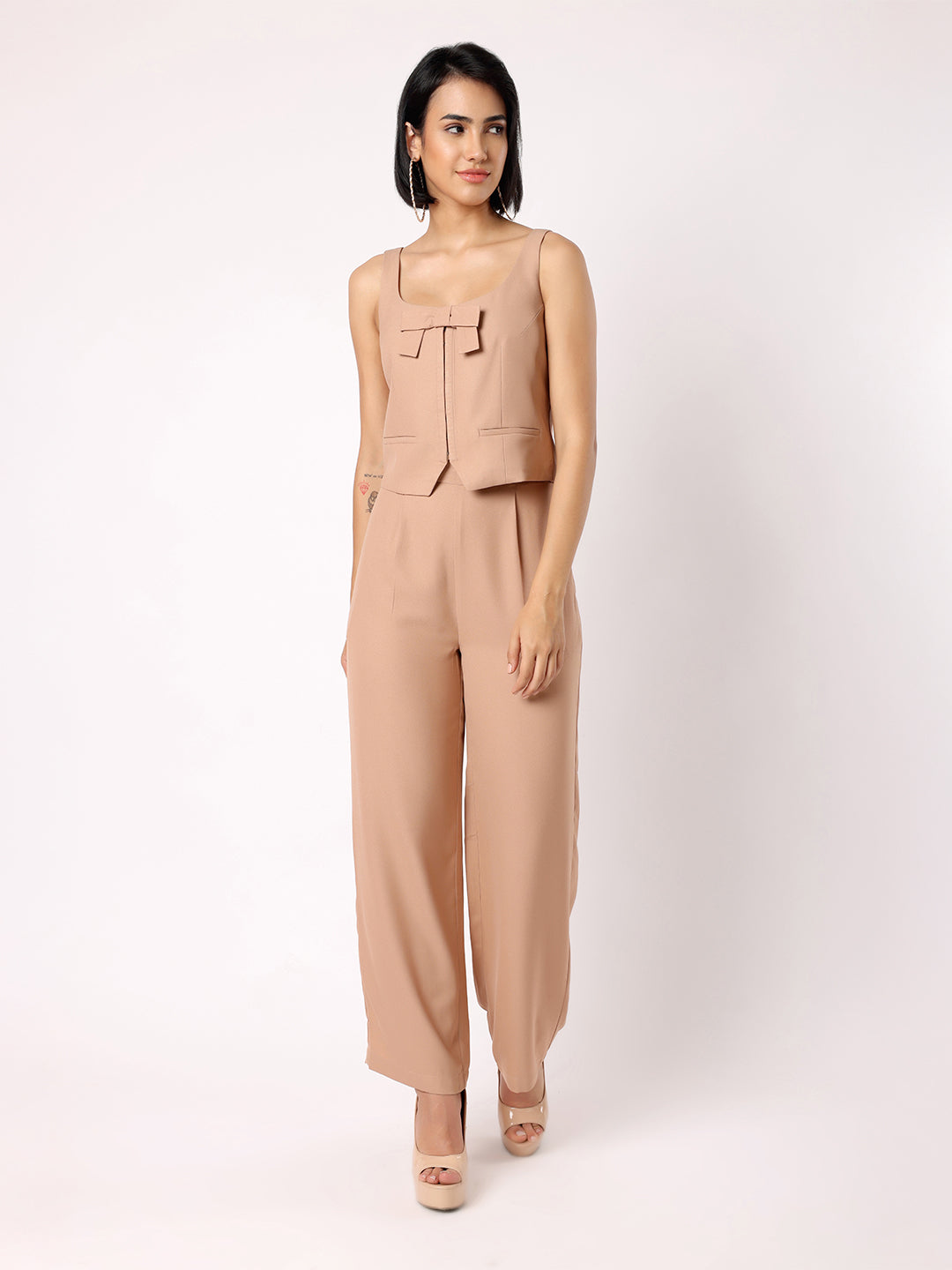 Blanc9 Women Light Brown Waist Coat With Bow & Trousers