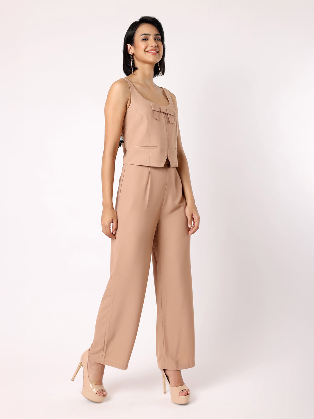 Blanc9 Women Light Brown Waist Coat With Bow & Trousers